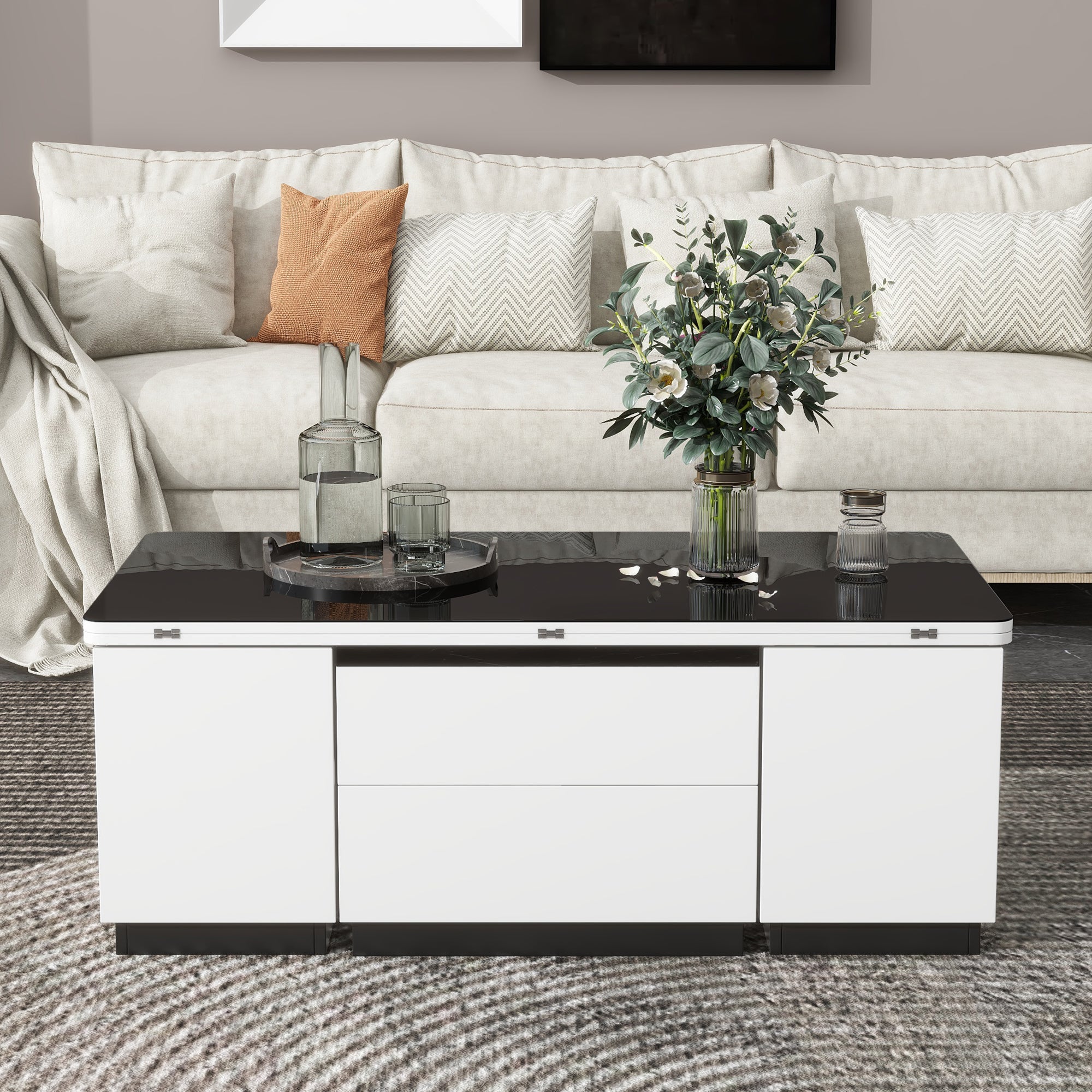 Modern White Lift Top Glass Coffee Table with Drawers & Storage Multifunction Table Modern White Lift Top Glass Coffee Table with Drawers & Storage Multifunction Table